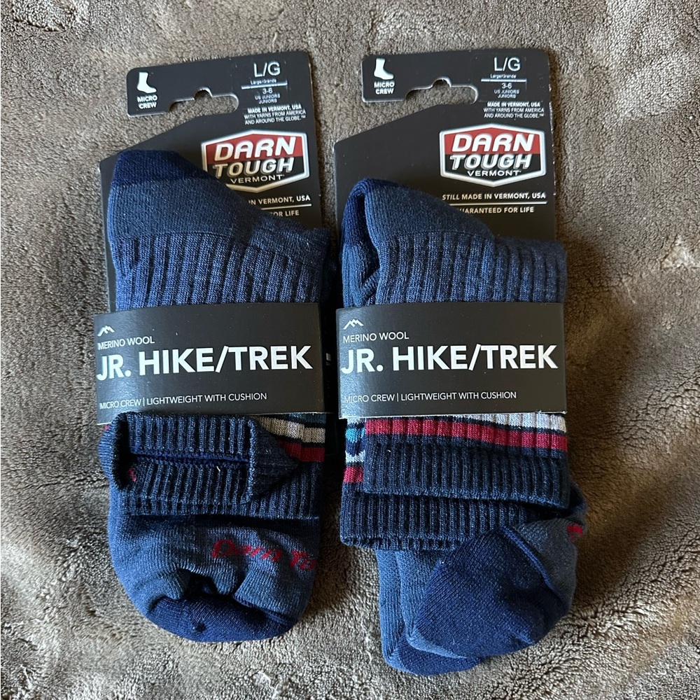 2x Darn Tough Jr Hiker Micro Crew Socks Navy/RedSz Lg NEW